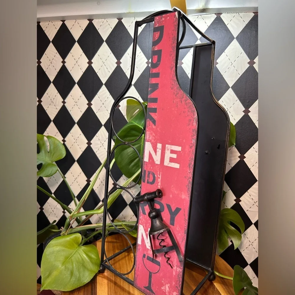 Industrial‎ Wine Bottle Stand – Bold Rustic Iron with Corkscrew Accent
